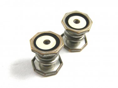 Silvertone & Black Enamel & Rhinestone Snap Cufflinks Unmarked 102714