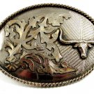 Vintage Large Silvertone Western Cowboy Longhorn Bull Belt Buckle 10292013