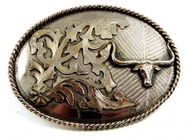 Vintage Large Silvertone Western Cowboy Longhorn Bull Belt Buckle 10292013