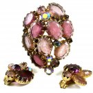 1950's Pink Purplish Aurora Borealis Rhinestones Brooch Earrings Unmarked 102014