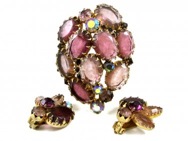 1950's Pink Purplish Aurora Borealis Rhinestones Brooch Earrings Unmarked 102014
