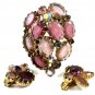 1950's Pink Purplish Aurora Borealis Rhinestones Brooch Earrings Unmarked 102014