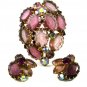 1950's Pink Purplish Aurora Borealis Rhinestones Brooch Earrings Unmarked 102014