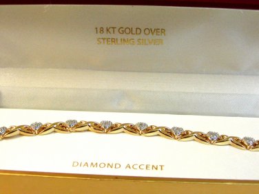 Sterling Silver 18Kt Gold Diamond Accent & Hearts Bracelet MIB
