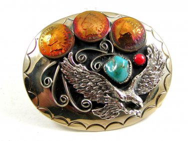Southwest Handcrafted American Eagle 3 Pennys Turquoise Belt Buckle USA