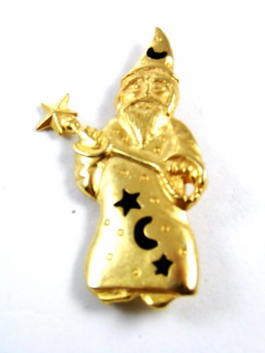 Goldtone & Black Wizard With Wand Brooch 8414