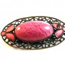 Vintage Brass ? Pink Glass & Pink Enamel Filigree Brooch 02032013dc