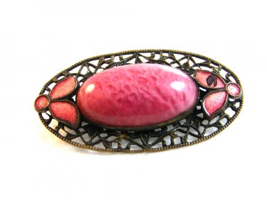 Vintage Brass ? Pink Glass & Pink Enamel Filigree Brooch 02032013dc