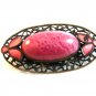 Vintage Brass ? Pink Glass & Pink Enamel Filigree Brooch 02032013dc