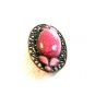 Vintage Brass ? Pink Glass & Pink Enamel Filigree Brooch 02032013dc