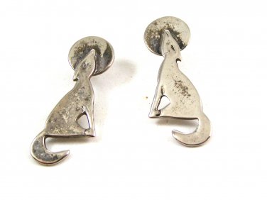 Mexican Sterling Silver Wolf Howling At Moon Pieced Earrings
