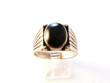 Signed SC Native American Sterling Black Onyx Ring Sz 12