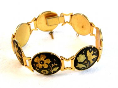 Vintage Damascene Birds Flowers Link Bracelet