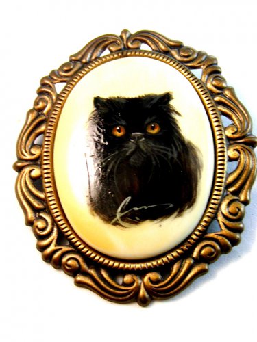 Vintage Signed Enameled Wood Hand Painted Cat Brooch