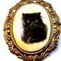 Vintage Signed Enameled Wood Hand Painted Cat Brooch
