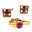 Vintage Gold Tone & Red / Purplish Cufflinks & Tie Clasp