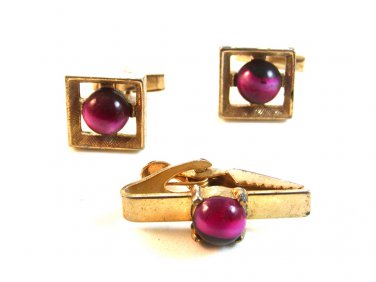 Vintage Gold Tone & Red / Purplish Cufflinks & Tie Clasp