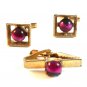 Vintage Gold Tone & Red / Purplish Cufflinks & Tie Clasp