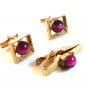 Vintage Gold Tone & Red / Purplish Cufflinks & Tie Clasp