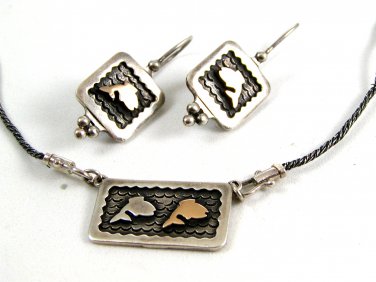 14K Gold & Sterling Silver Fish Pieced Earrings & Matching Necklace