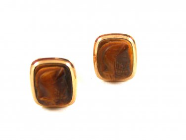 Gold Filled Tiger Eye Cameo of Roman / Greek Warrior Cufflinks by Correct