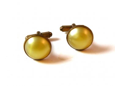 Vintage Unmarked Yellow Plastic / Lucite ??? Brass Tone Cufflinks