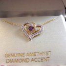 Sterling Silver 18KT Amethyst Heart Diamond Accents Pendant Chain