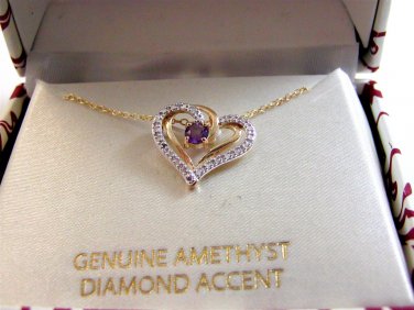 Sterling Silver 18KT Amethyst Heart Diamond Accents Pendant Chain