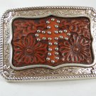 Western Cowboy Silvertone & Leather Embossed Cross Belt Buckle Unmarked 111214