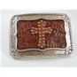 Western Cowboy Silvertone & Leather Embossed Cross Belt Buckle Unmarked 111214