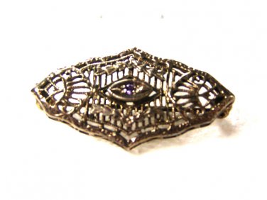 Edwardian / Art Deco Sterling Silver & Amythest Filigree Brooch Unbranded 7115