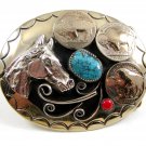 Handcrafted Cowboy Horse Head 3 Buffalo Nickels Coral Turquoise Belt Buckle USA