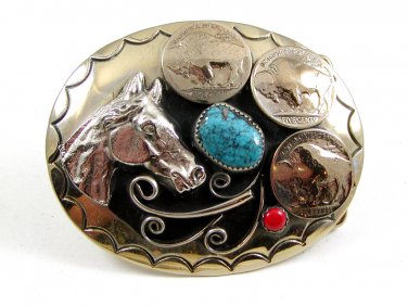 Handcrafted Cowboy Horse Head 3 Buffalo Nickels Coral Turquoise Belt Buckle USA