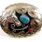 Handcrafted Cowboy Horse Head 3 Buffalo Nickels Coral Turquoise Belt Buckle USA
