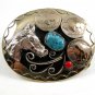 Handcrafted Cowboy Horse Head 3 Buffalo Nickels Coral Turquoise Belt Buckle USA