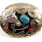Handcrafted Cowboy Horse Head 3 Buffalo Nickels Coral Turquoise Belt Buckle USA