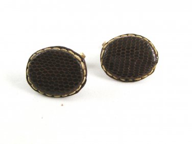 Goldtone & Dark Brown Leather Top Cufflinks Not Signed