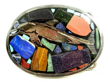 Vintage Silvertone & Stones & Enamel Huecho En Mexico Shark Belt Buckle 10292013