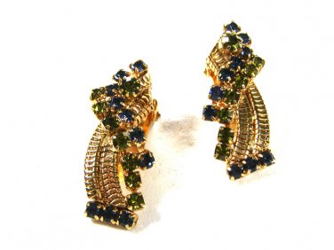 Vintage Green Rhinestone Clip On Earrings by HOBE 71215