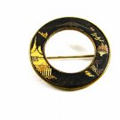 True Vintage Round Japanese Damascene Brooch Signed 102914