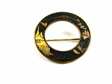True Vintage Round Japanese Damascene Brooch Signed 102914