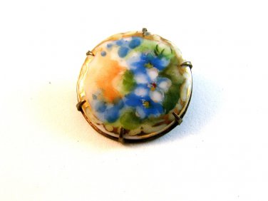 Vintage Miniature Hand Painted Blue Flowers Brooch