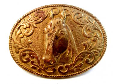 Vintage Western Cowboy Gold Plated Horse Head Belt Buckle by Chambers