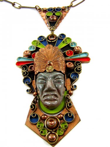 Mexican Aztec / Mayan Enameled Copper Necklace Signed With a Crown 7714
