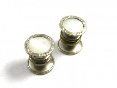 Art Deco Silvertone & Mother of Pearl Snap Link Cufflinks Unmarked 102714
