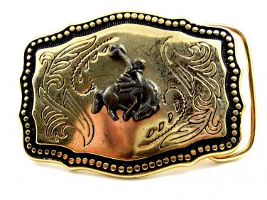 Made in USA Western Goldtone Black Cowboy on Broncho Belt Buckle #102113r