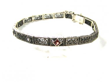 Edwardian / Art Deco Sterliing Silver & Garnets Filigree Bracelet Unbranded 7715