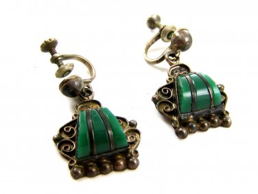 Signed Mexican Sterling Silver & Green Stone Screw Back Earrings 04212014