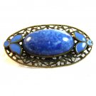 Vintage Brass ? Blue Glass & Blue Enamel Filigree Brooch 0102201312