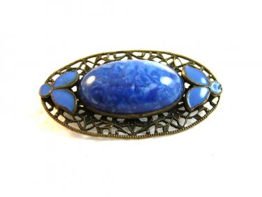 Vintage Brass ? Blue Glass & Blue Enamel Filigree Brooch 0102201312